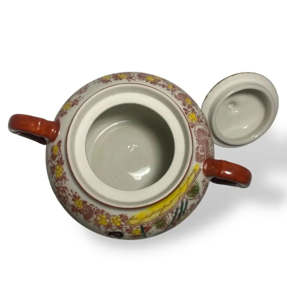 Antique Japanese Kutani Porcelain Tea Set Teapot Sugar Bowl Creamer Floral